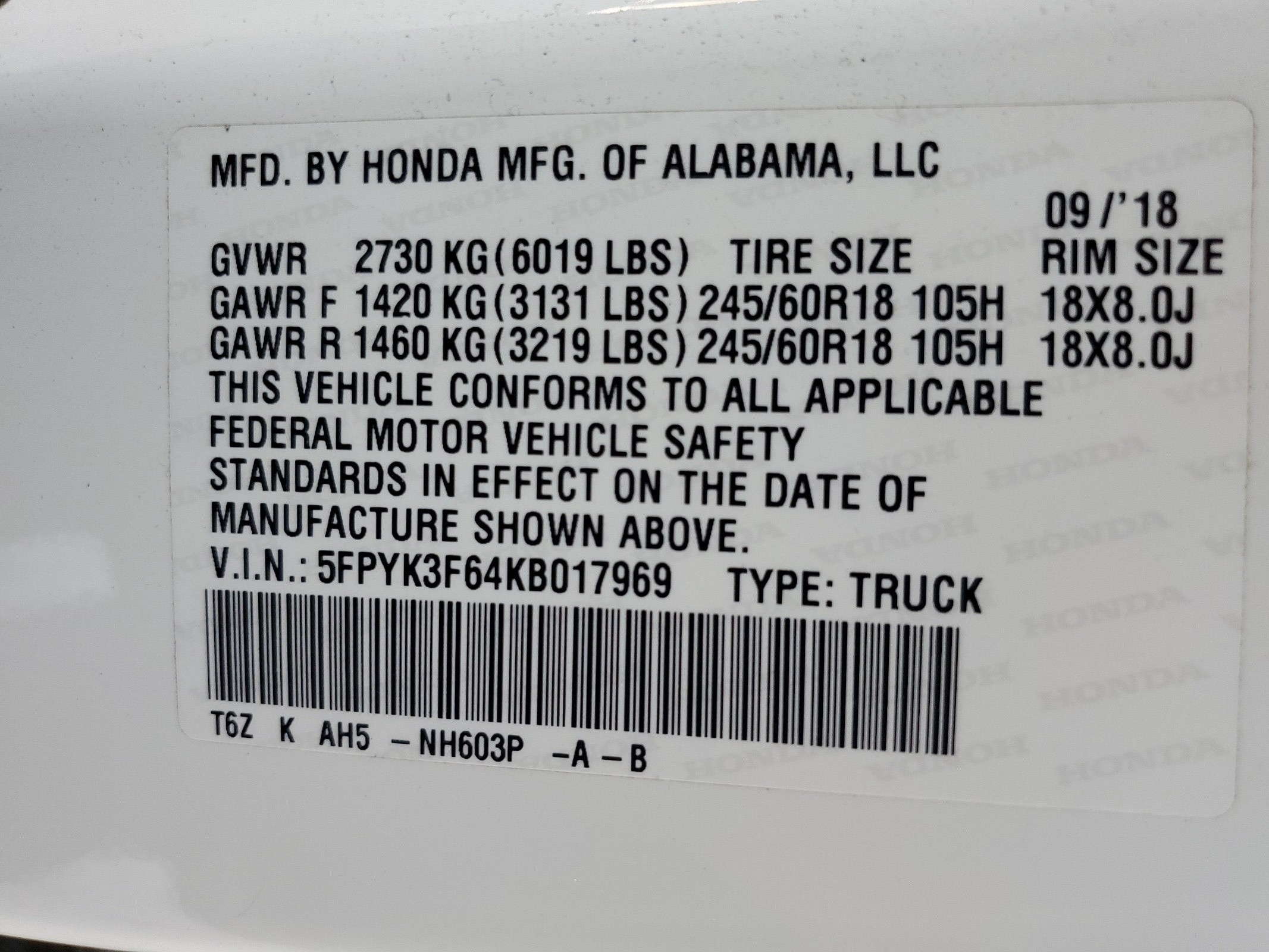 5FPYK3F64KB017969 2019 Honda Ridgeline Rtl