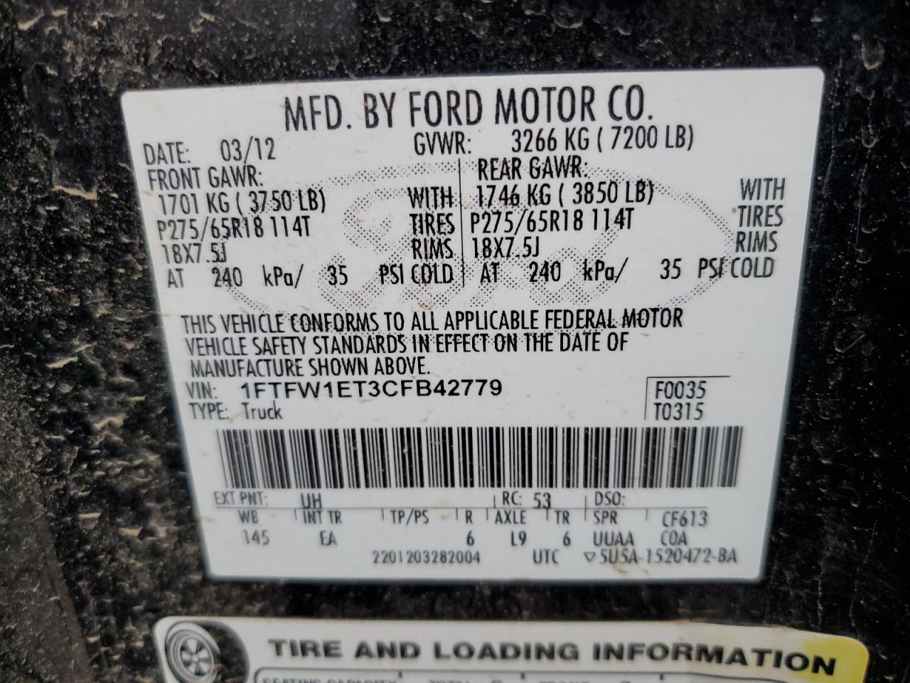 2012 Ford F150 Supercrew VIN: 1FTFW1ET3CFB42779 Lot: 66626994