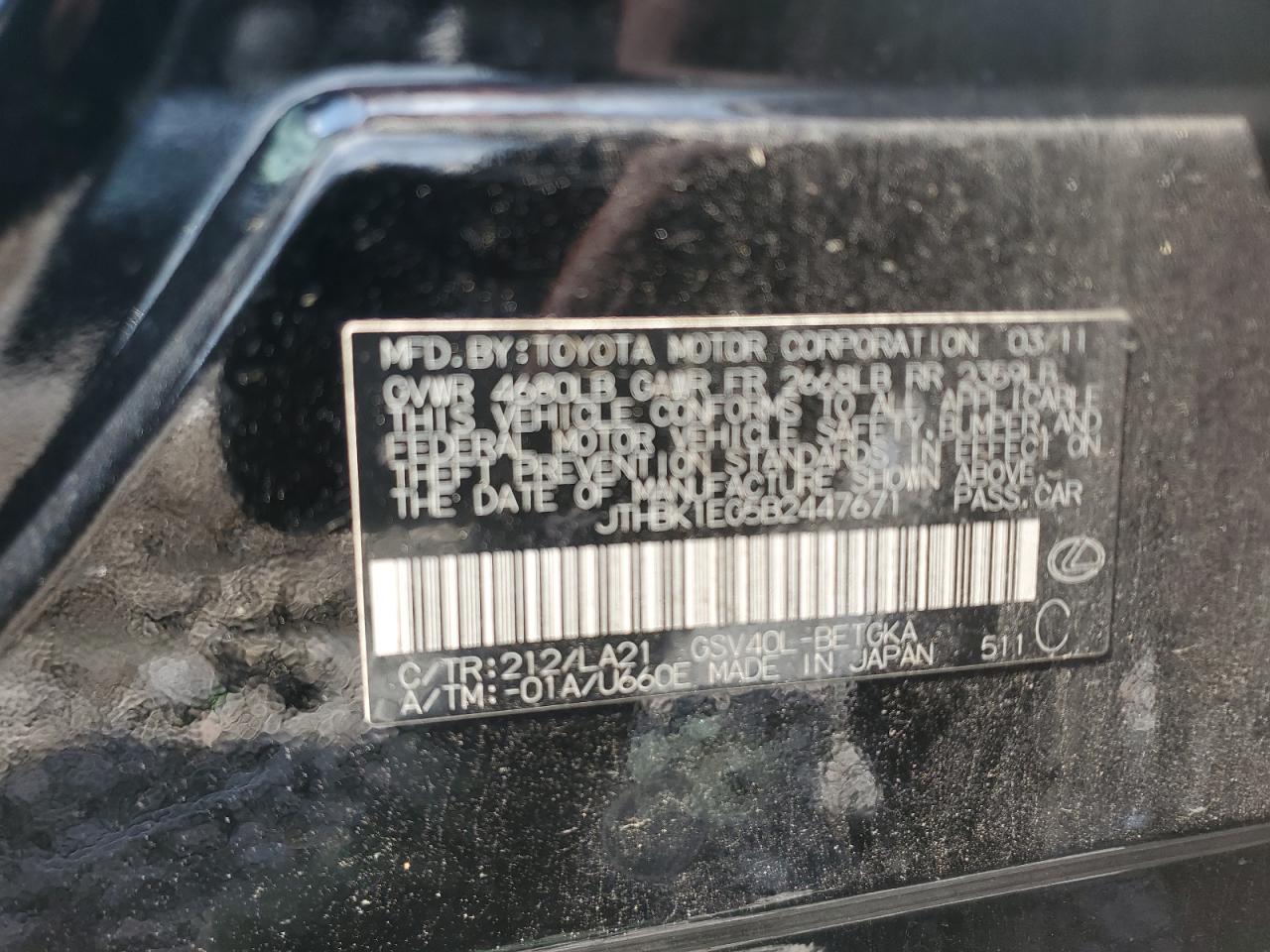 2011 Lexus Es 350 VIN: JTHBK1EG5B2447671 Lot: 65811954