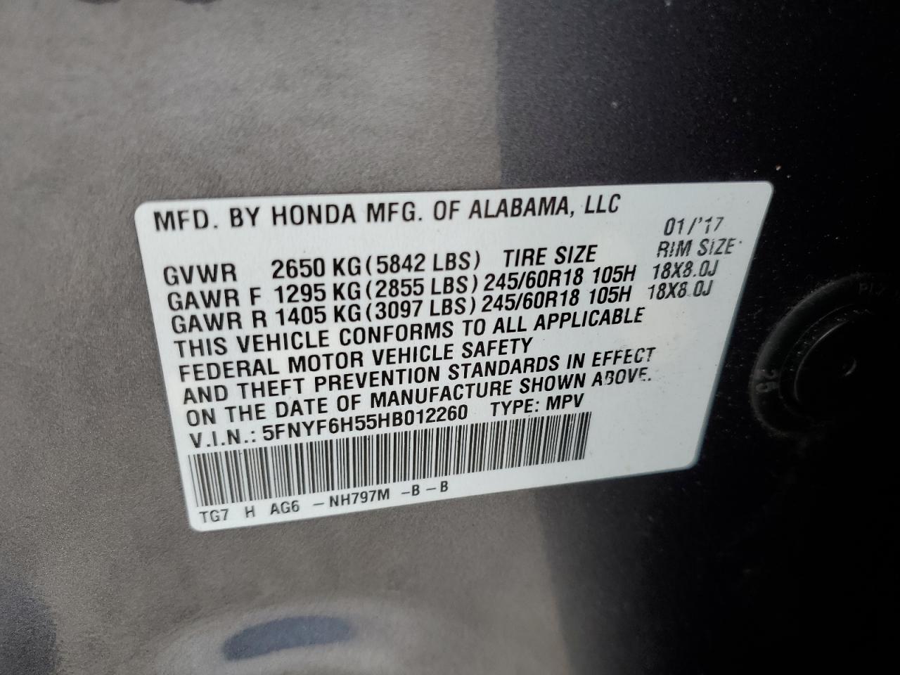 2017 Honda Pilot Exl VIN: 5FNYF6H55HB012260 Lot: 68256844