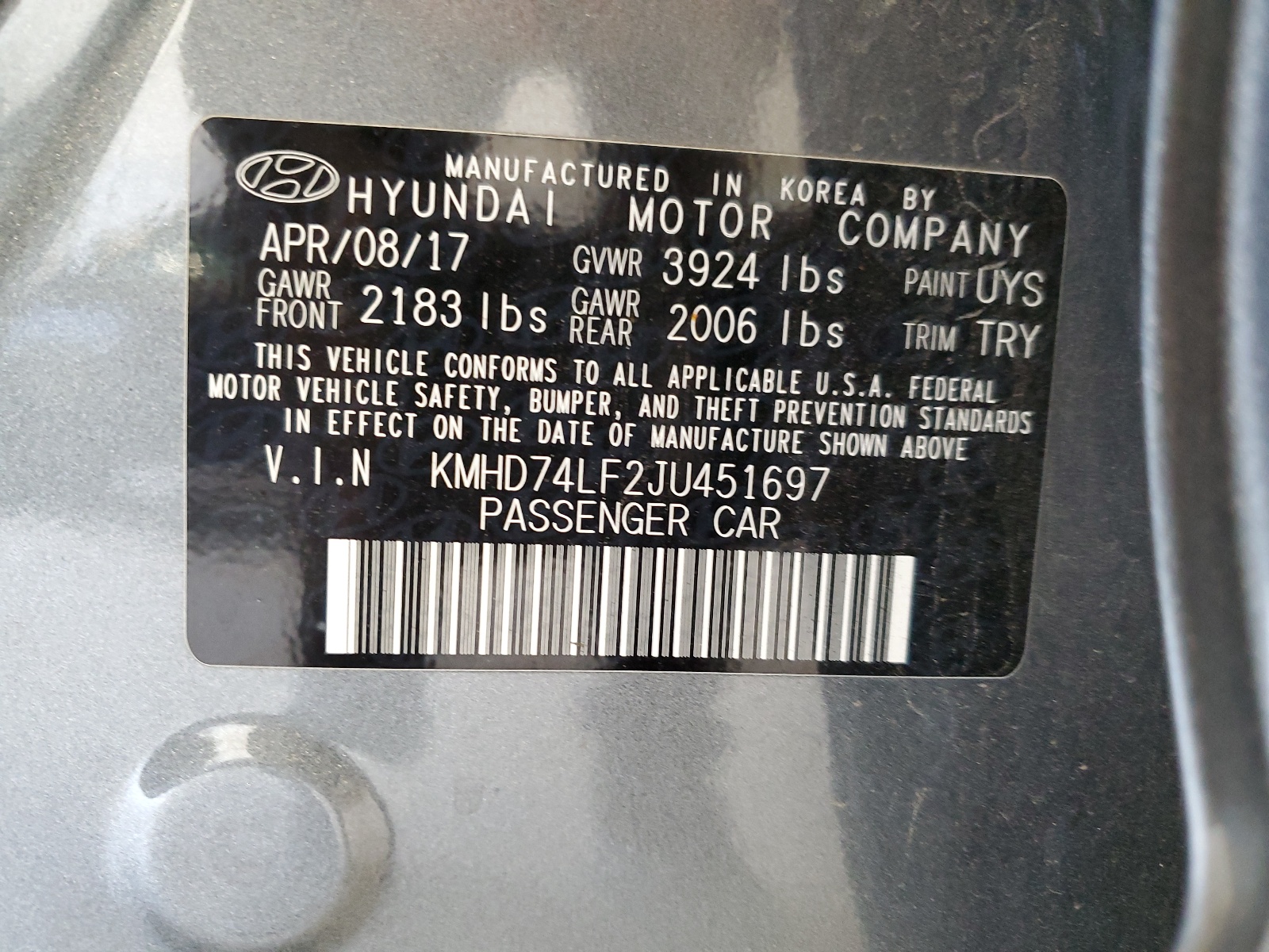 KMHD74LF2JU451697 2018 Hyundai Elantra Se