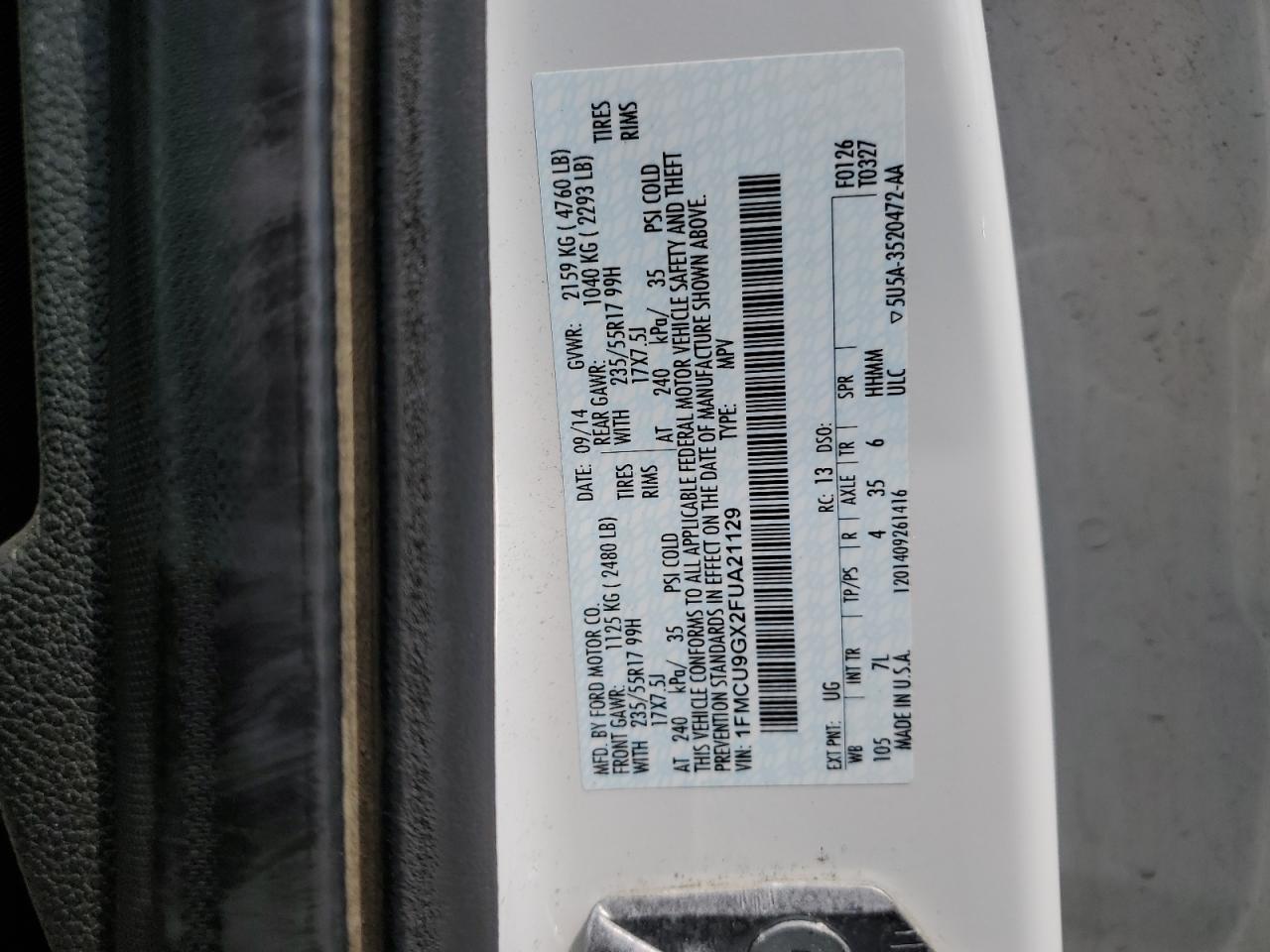 2015 Ford Escape Se VIN: 1FMCU9GX2FUA21129 Lot: 65834574