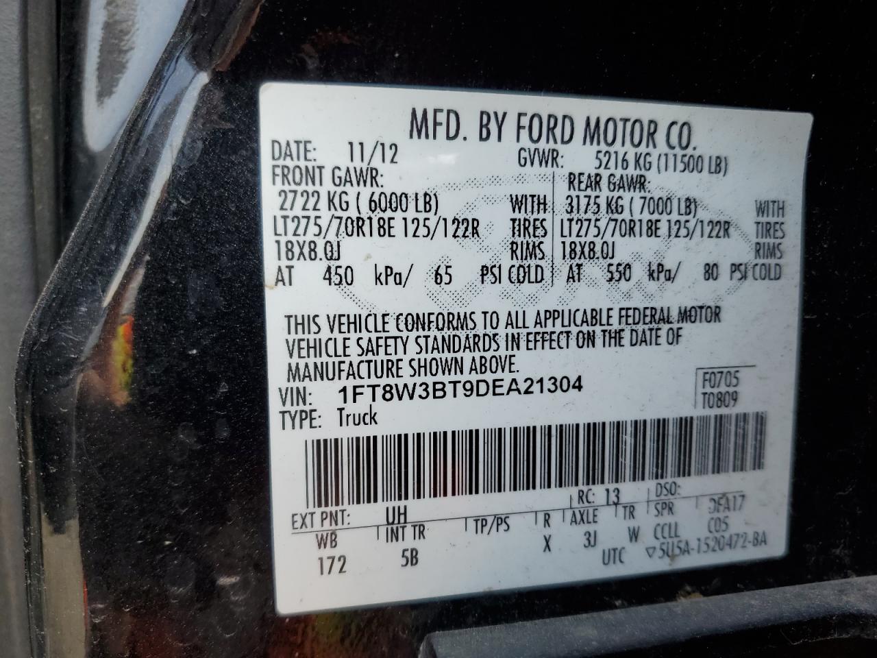 2013 Ford F350 Super Duty VIN: 1FT8W3BT9DEA21304 Lot: 68967994