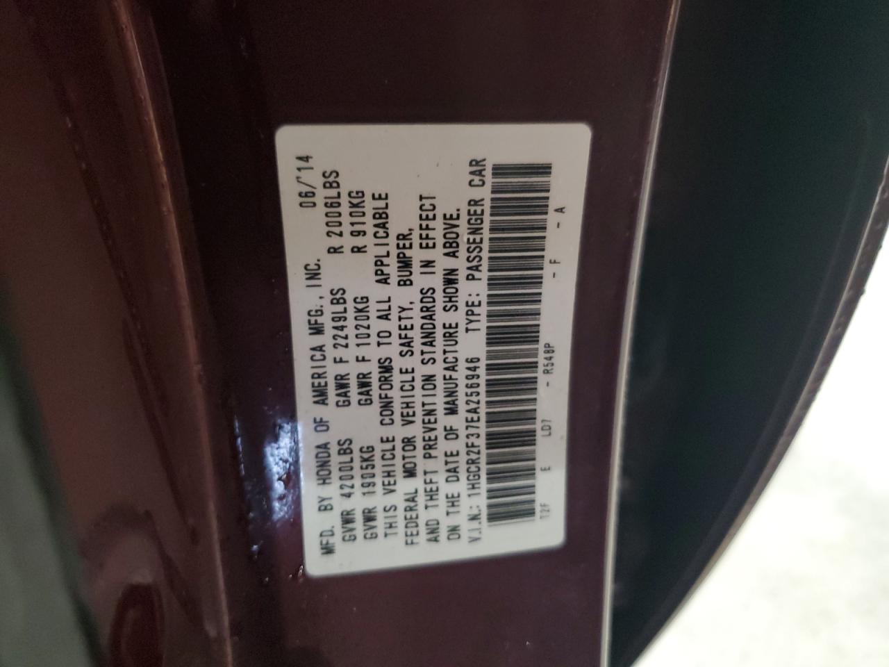 2014 Honda Accord Lx VIN: 1HGCR2F37EA256946 Lot: 77096594