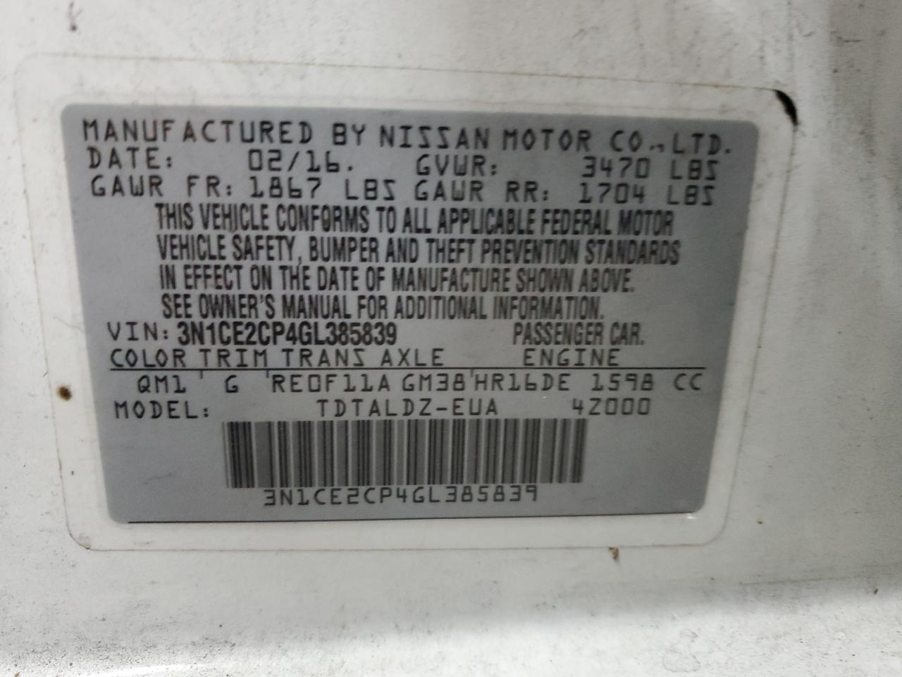 3N1CE2CP4GL385839 2016 Nissan Versa Note S