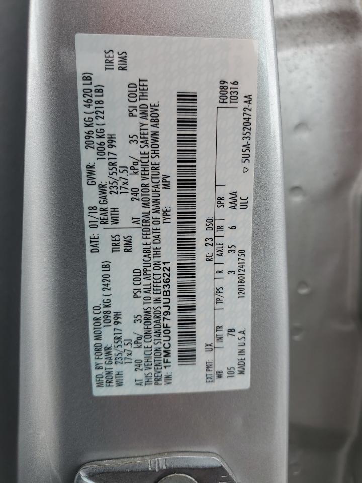 2018 Ford Escape S VIN: 1FMCU0F79JUB36221 Lot: 65192424