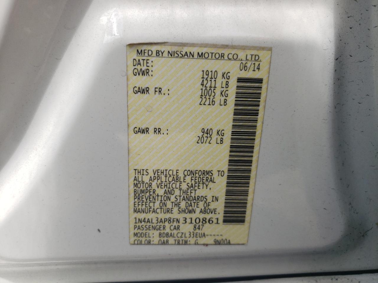 2015 Nissan Altima 2.5 VIN: 1N4AL3AP8FN310861 Lot: 69297794