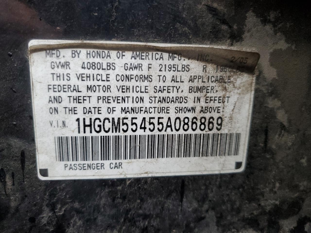 2005 Honda Accord Lx VIN: 1HGCM55455A086869 Lot: 68122154