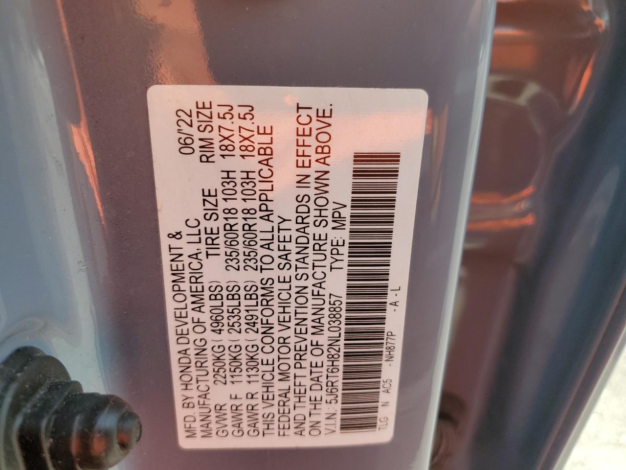 2022 Honda Cr-V Exl VIN: 5J6RT6H82NL038857 Lot: 66512784