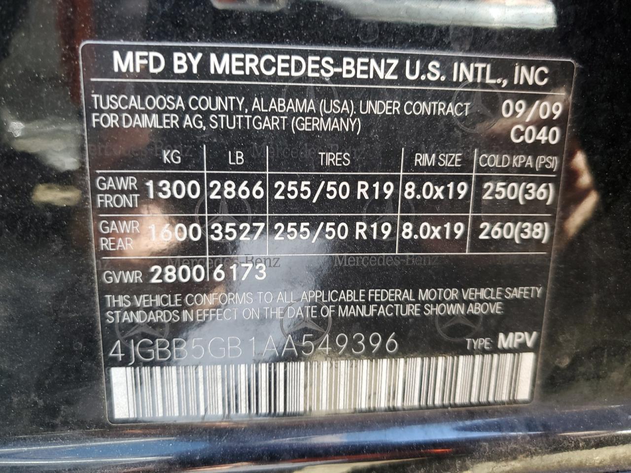 2010 Mercedes-Benz Ml 350 VIN: 4JGBB5GB1AA549396 Lot: 67309104