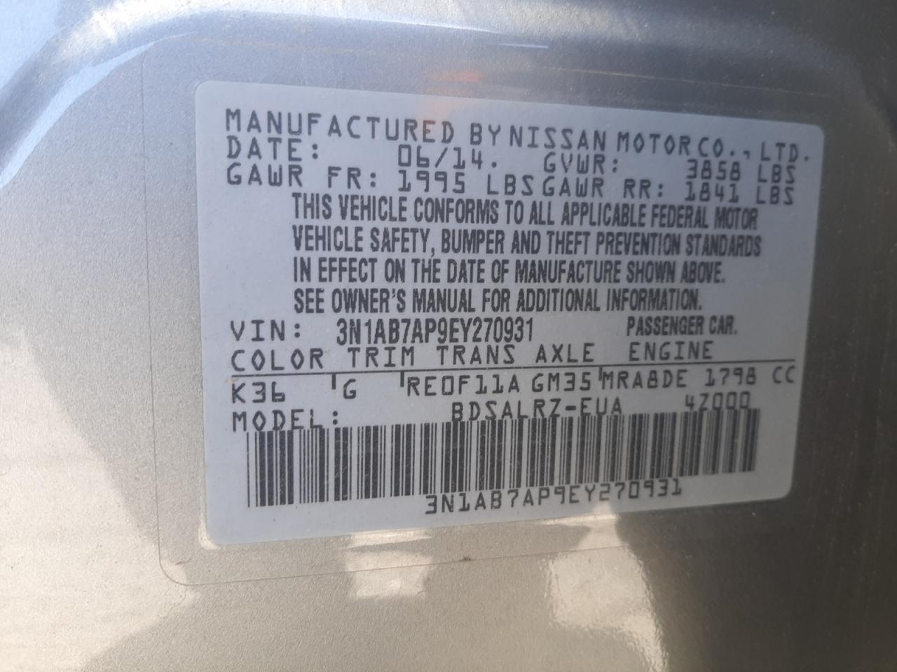 3N1AB7AP9EY270931 2014 Nissan Sentra S