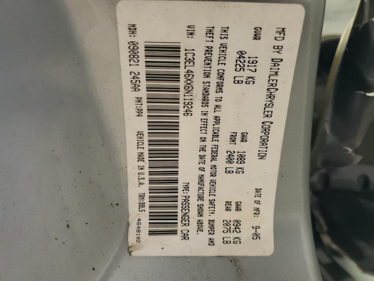 2006 Chrysler Sebring VIN: 1C3EL46XX6N119246 Lot: 68695394