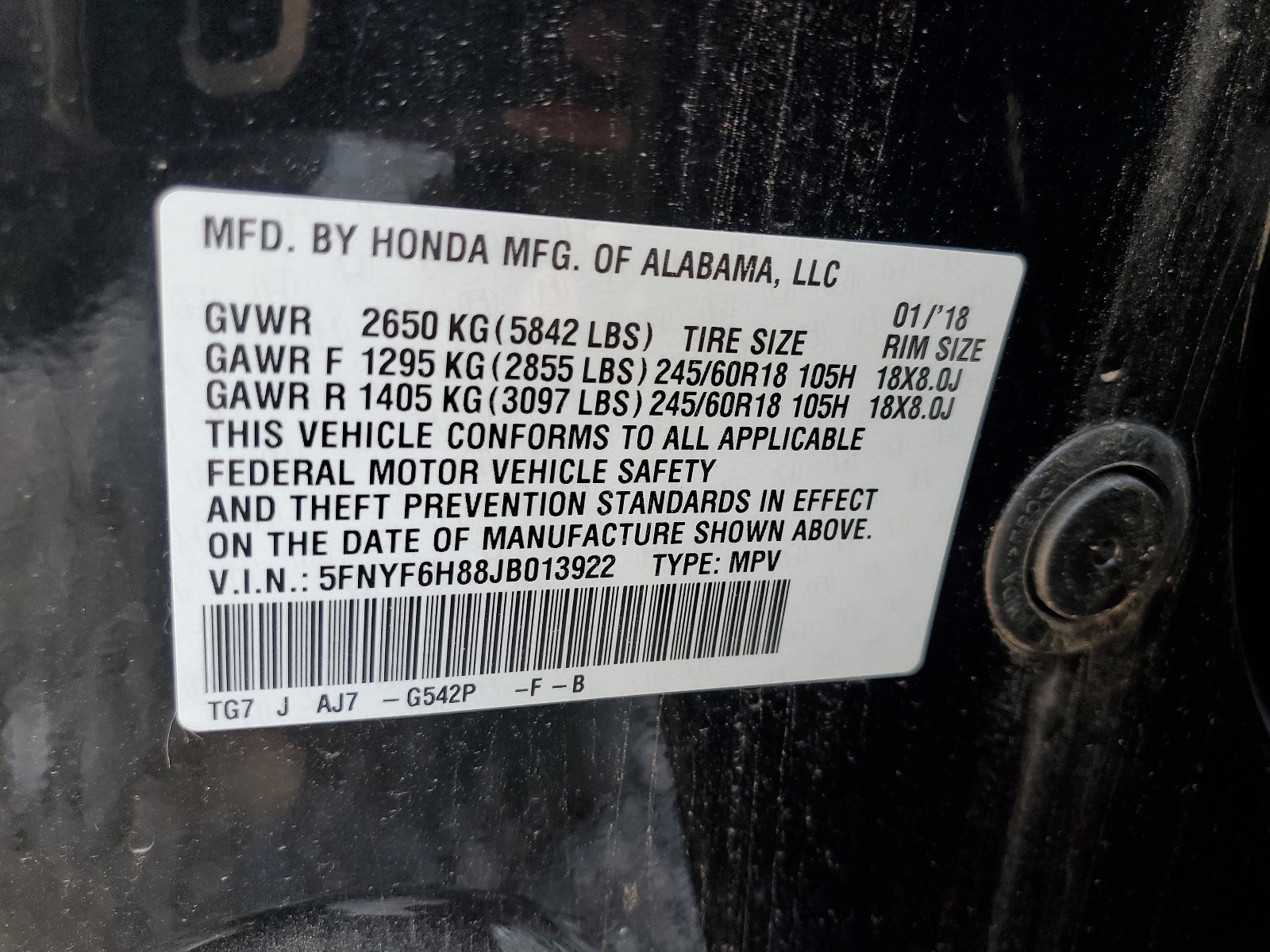 5FNYF6H88JB013922 2018 Honda Pilot Exl