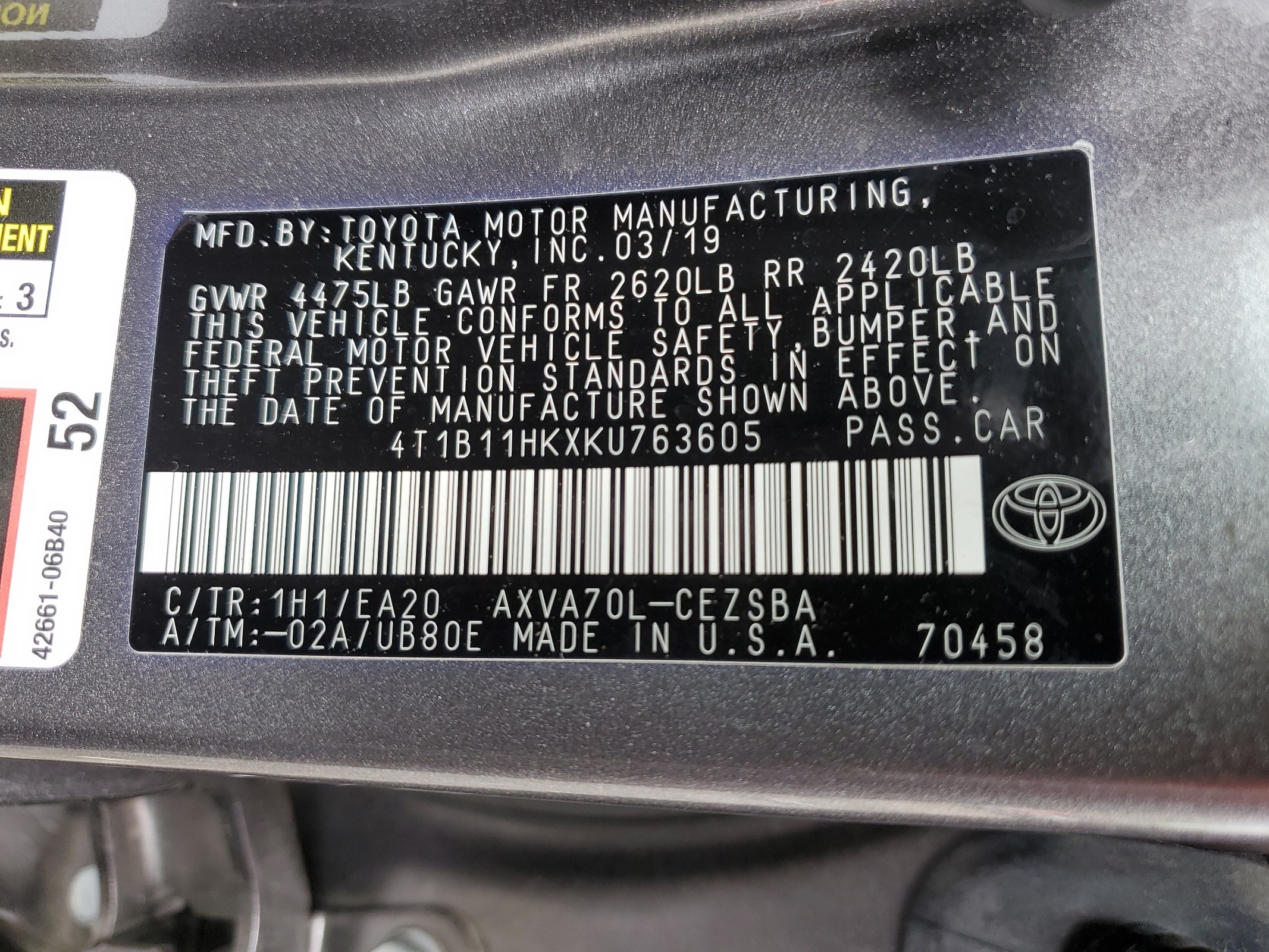 4T1B11HKXKU763605 2019 Toyota Camry L