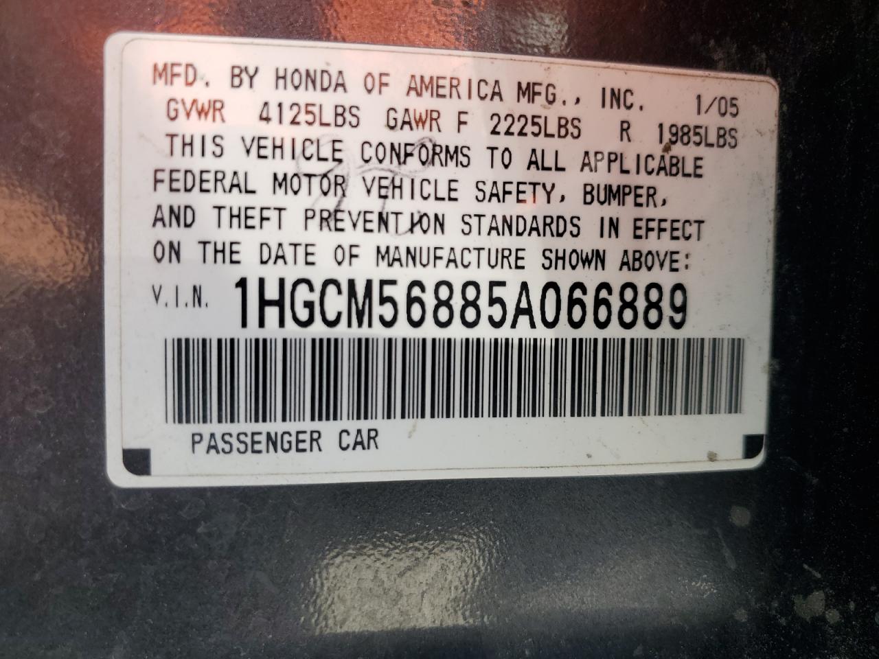 2005 Honda Accord Ex VIN: 1HGCM56885A066889 Lot: 66627684