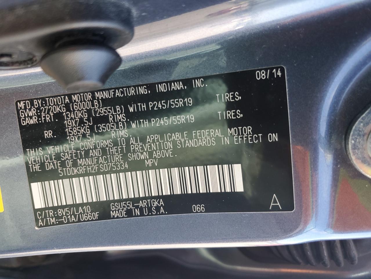 2015 Toyota Highlander Limited VIN: 5TDDKRFH2FS075334 Lot: 65453654