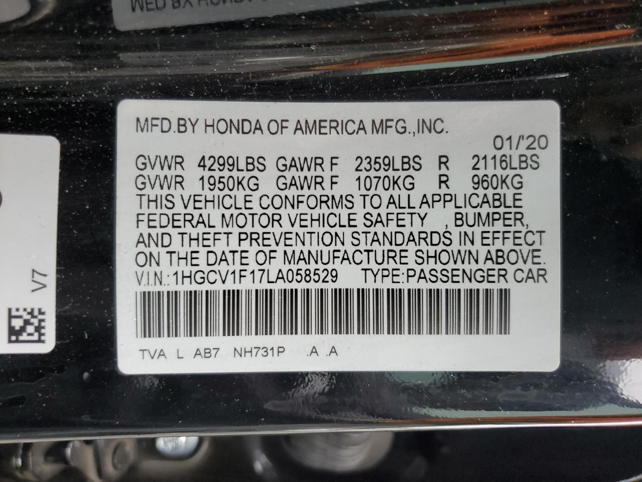 2020 Honda Accord Lx VIN: 1HGCV1F17LA058529 Lot: 66479014