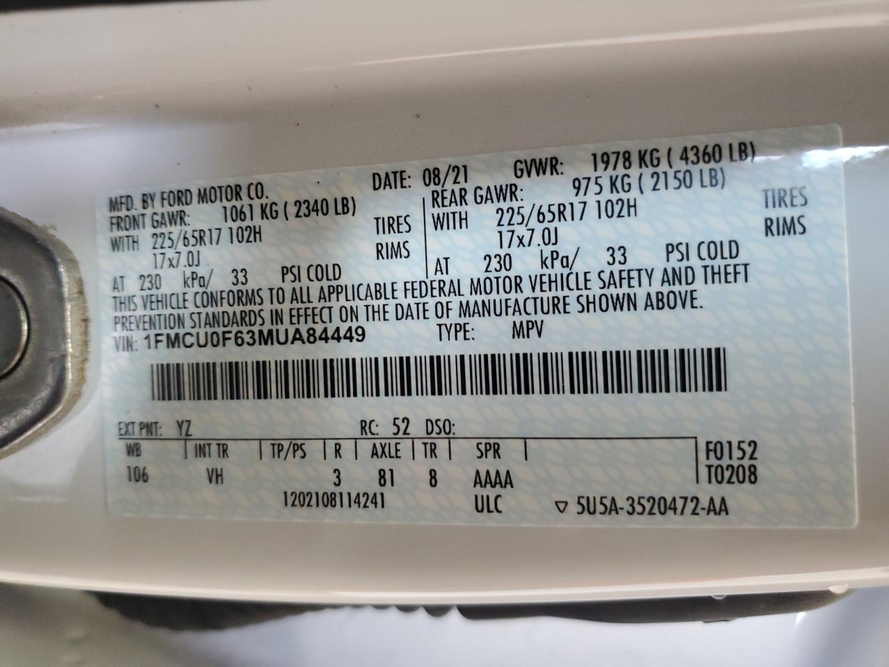 2021 Ford Escape S VIN: 1FMCU0F63MUA84449 Lot: 67685594