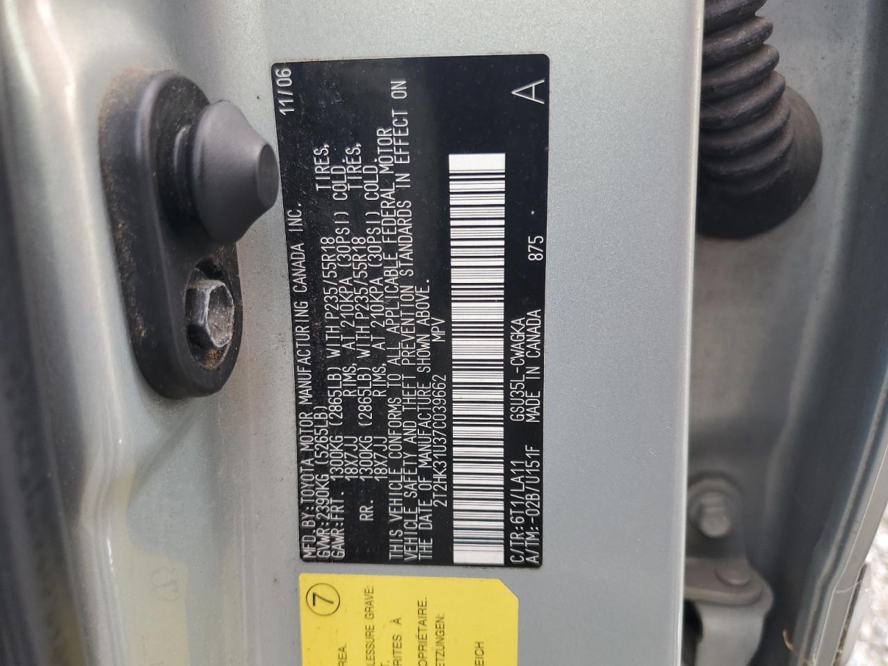 2007 Lexus Rx 350 VIN: 2T2HK31U37C039662 Lot: 66115824