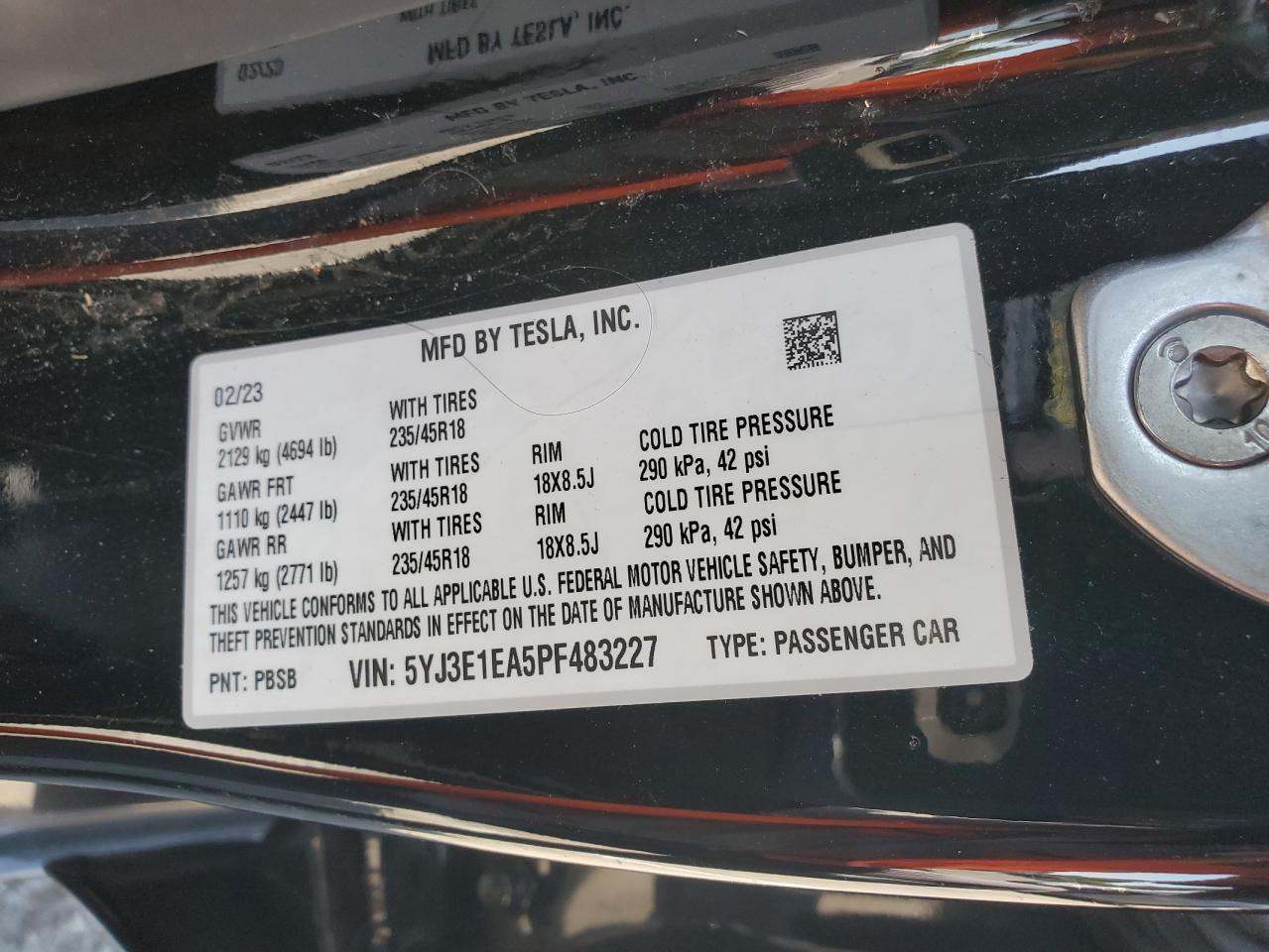 5YJ3E1EA5PF483227 2023 Tesla Model 3