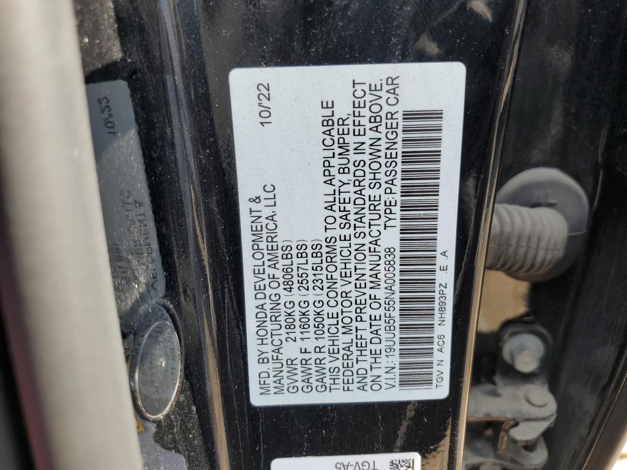 2022 Acura Tlx Tech A VIN: 19UUB5F55NA005838 Lot: 66785384