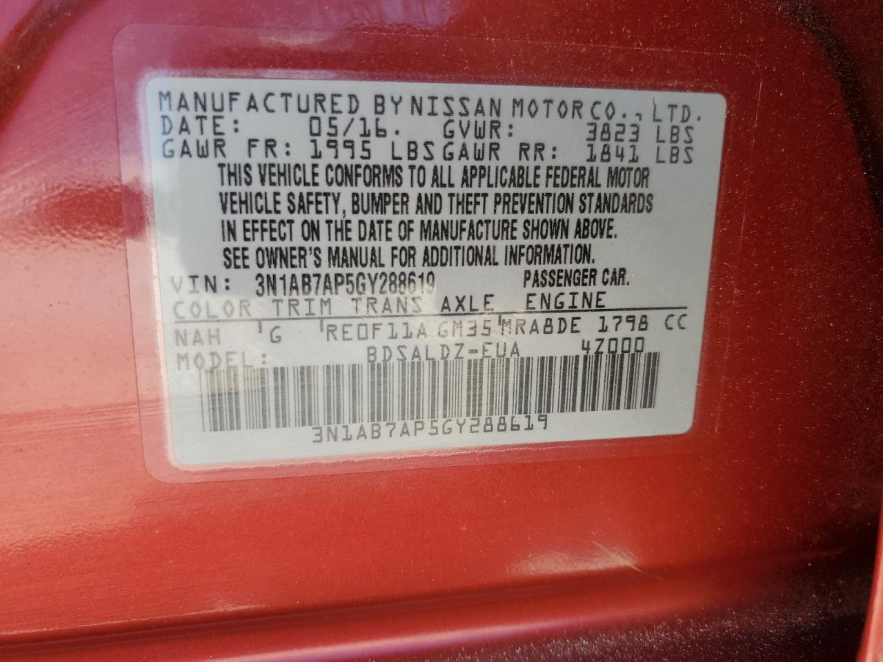 2016 Nissan Sentra S VIN: 3N1AB7AP5GY288619 Lot: 67604564