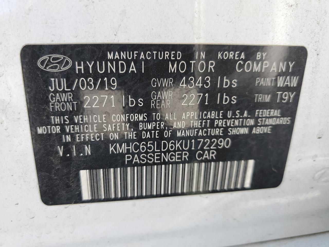 2019 Hyundai Ioniq VIN: KMHC65LD6KU172290 Lot: 65990584