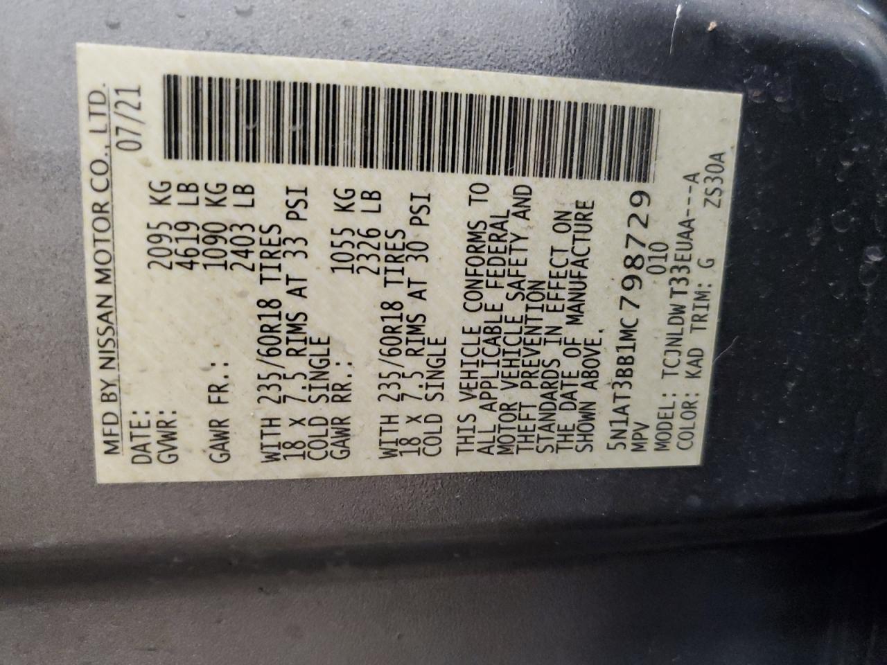 2021 Nissan Rogue Sv VIN: 5N1AT3BB1MC798729 Lot: 64979654