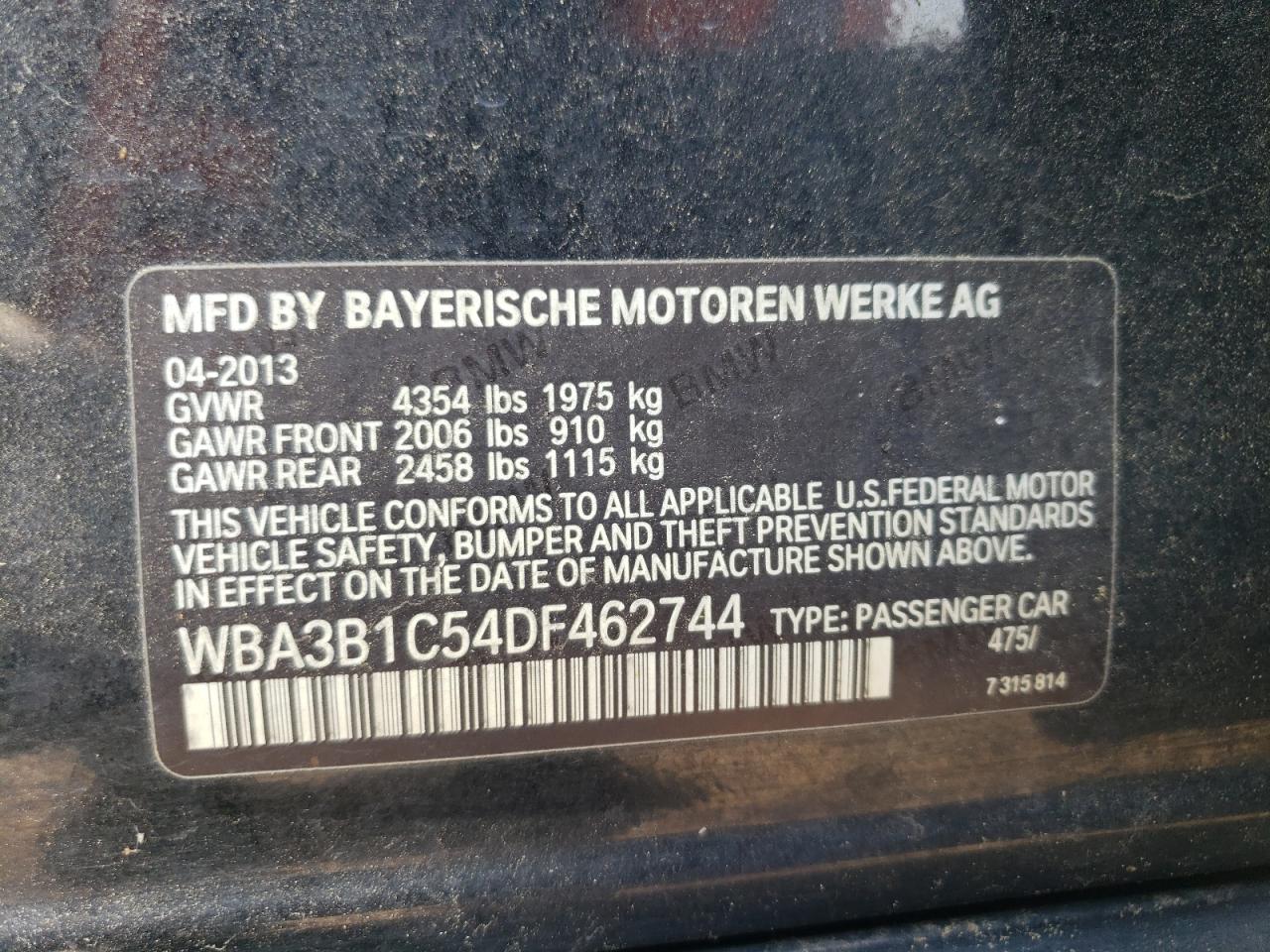 WBA3B1C54DF462744 2013 BMW 320 I