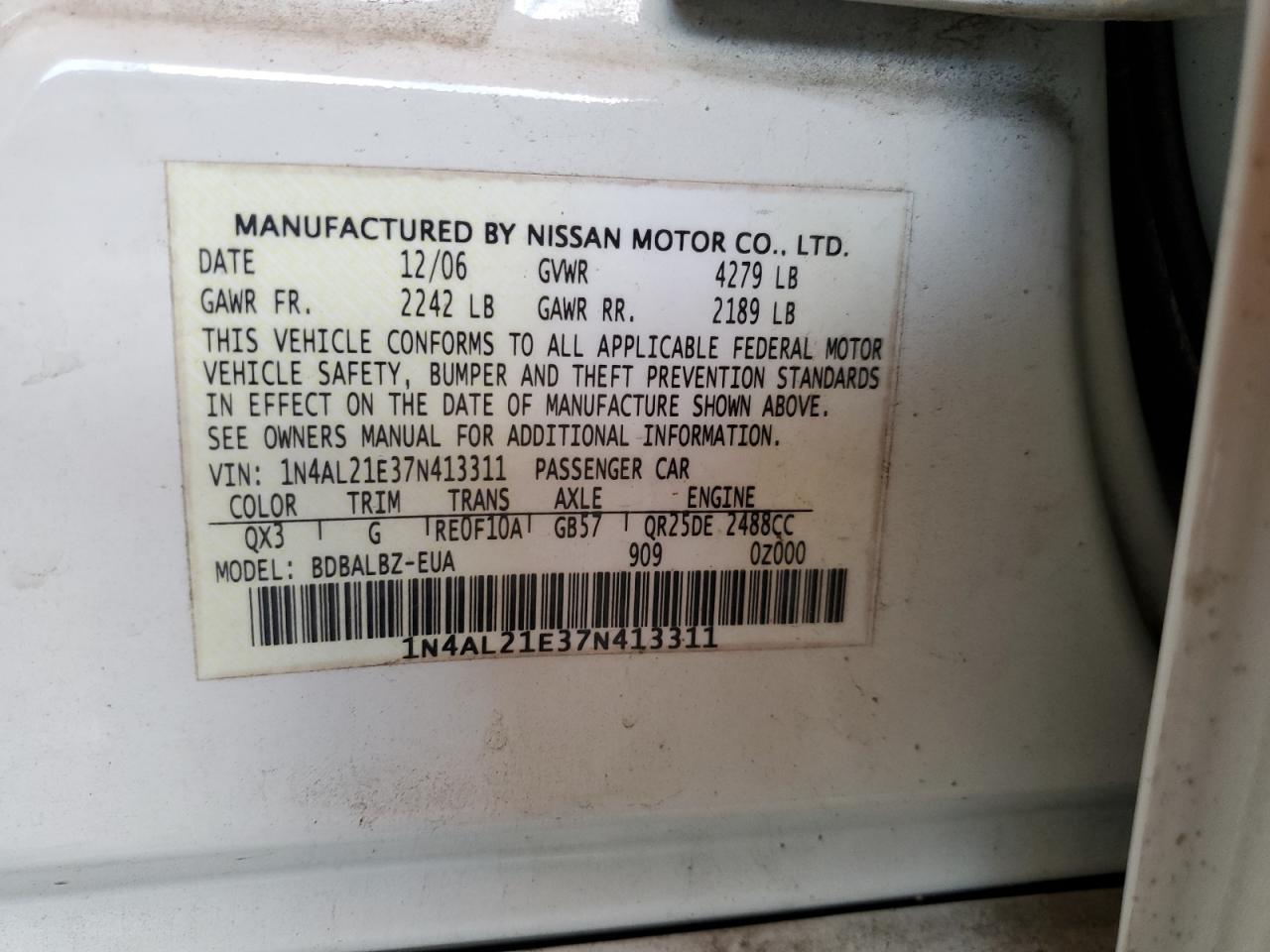 1N4AL21E37N413311 2007 Nissan Altima 2.5