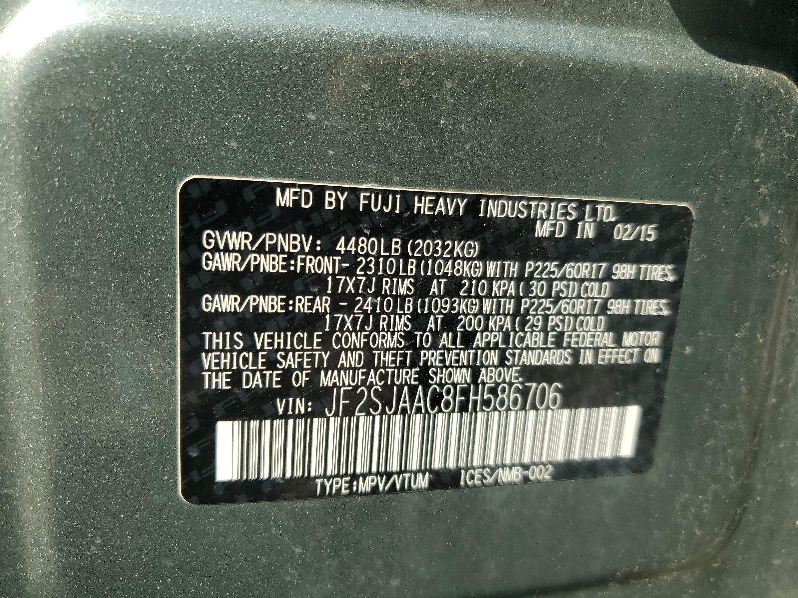 JF2SJAAC8FH586706 2015 Subaru Forester 2.5I