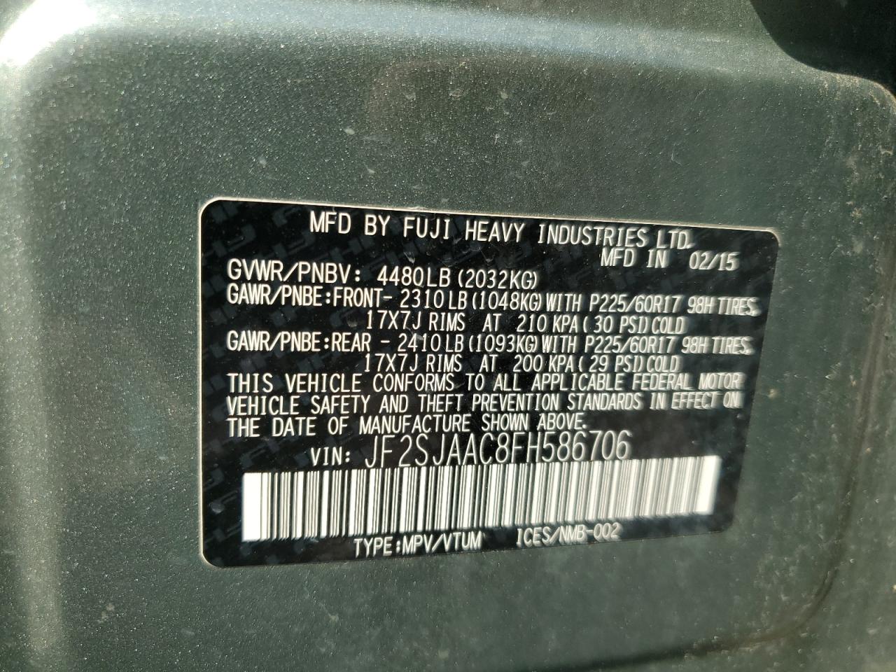 2015 Subaru Forester 2.5I VIN: JF2SJAAC8FH586706 Lot: 66689924