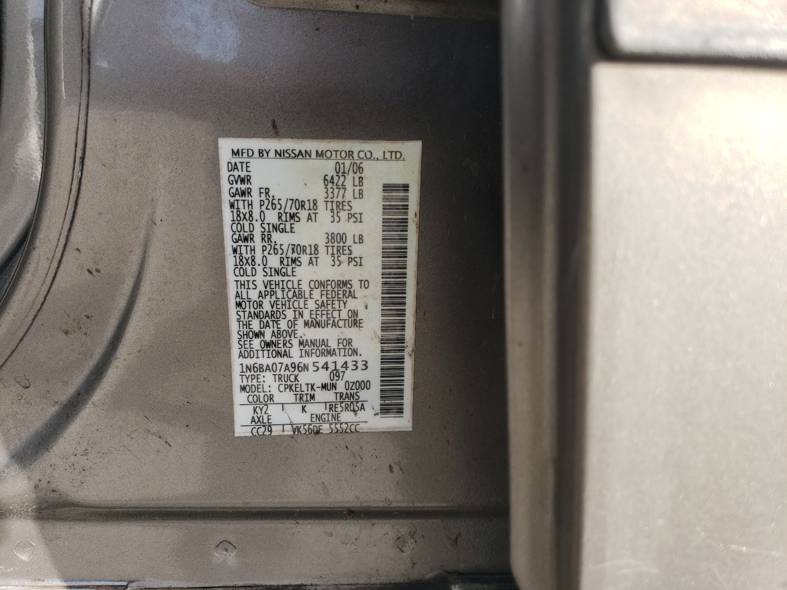 1N6BA07A96N541433 2006 Nissan Titan Xe