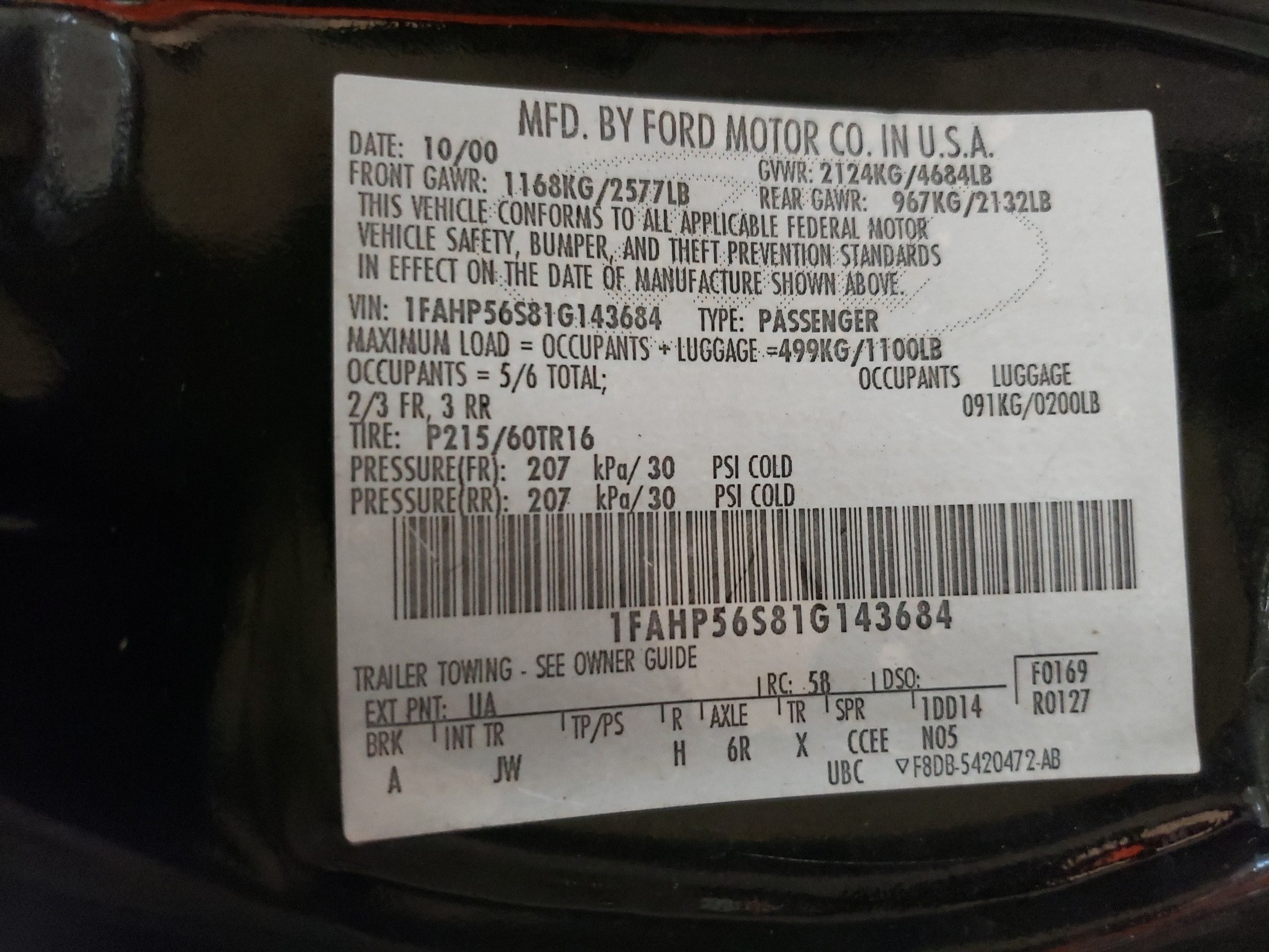 1FAHP56S81G143684 2001 Ford Taurus Sel