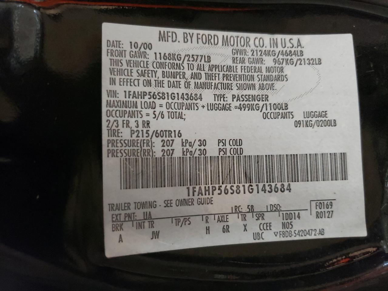 2001 Ford Taurus Sel VIN: 1FAHP56S81G143684 Lot: 67733774