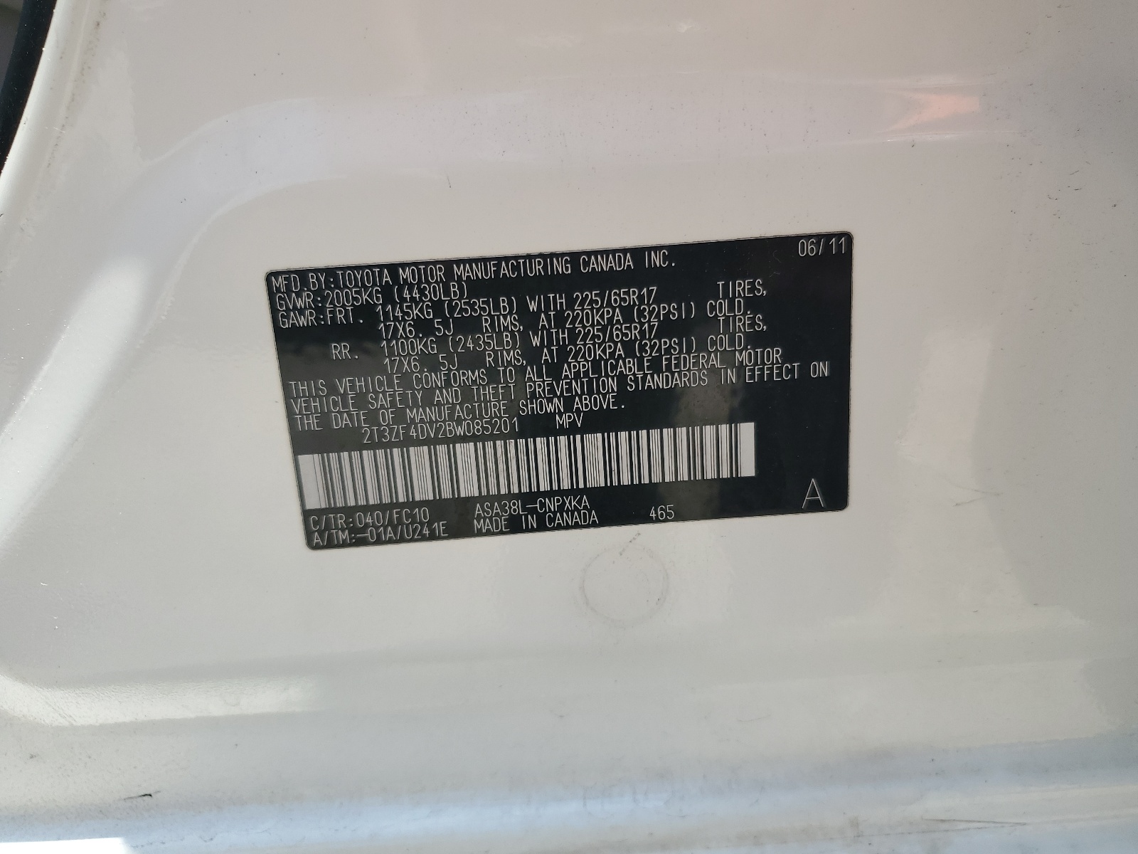 2T3ZF4DV2BW085201 2011 Toyota Rav4