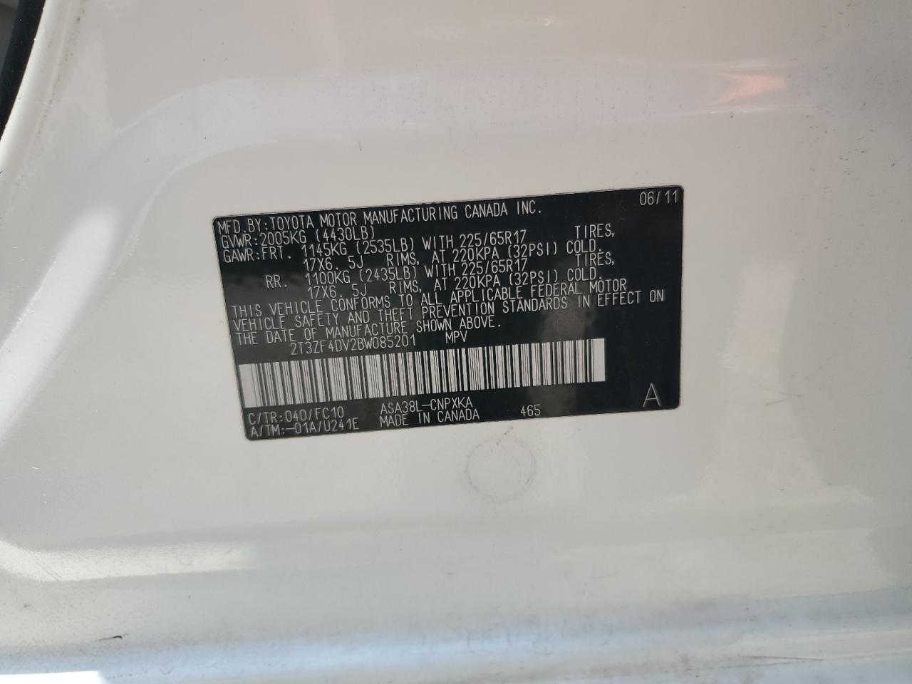 2011 Toyota Rav4 VIN: 2T3ZF4DV2BW085201 Lot: 65443884