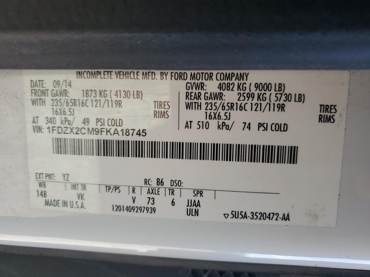 2015 Ford Transit T-350 VIN: 1FDZX2CM9FKA18745 Lot: 68466144