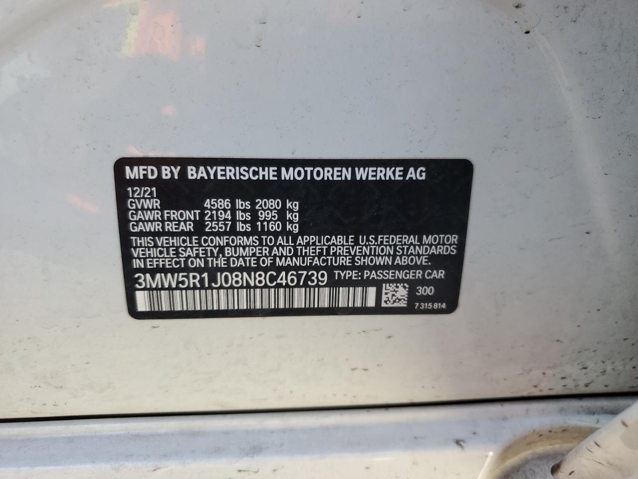 3MW5R1J08N8C46739 2022 BMW 330I