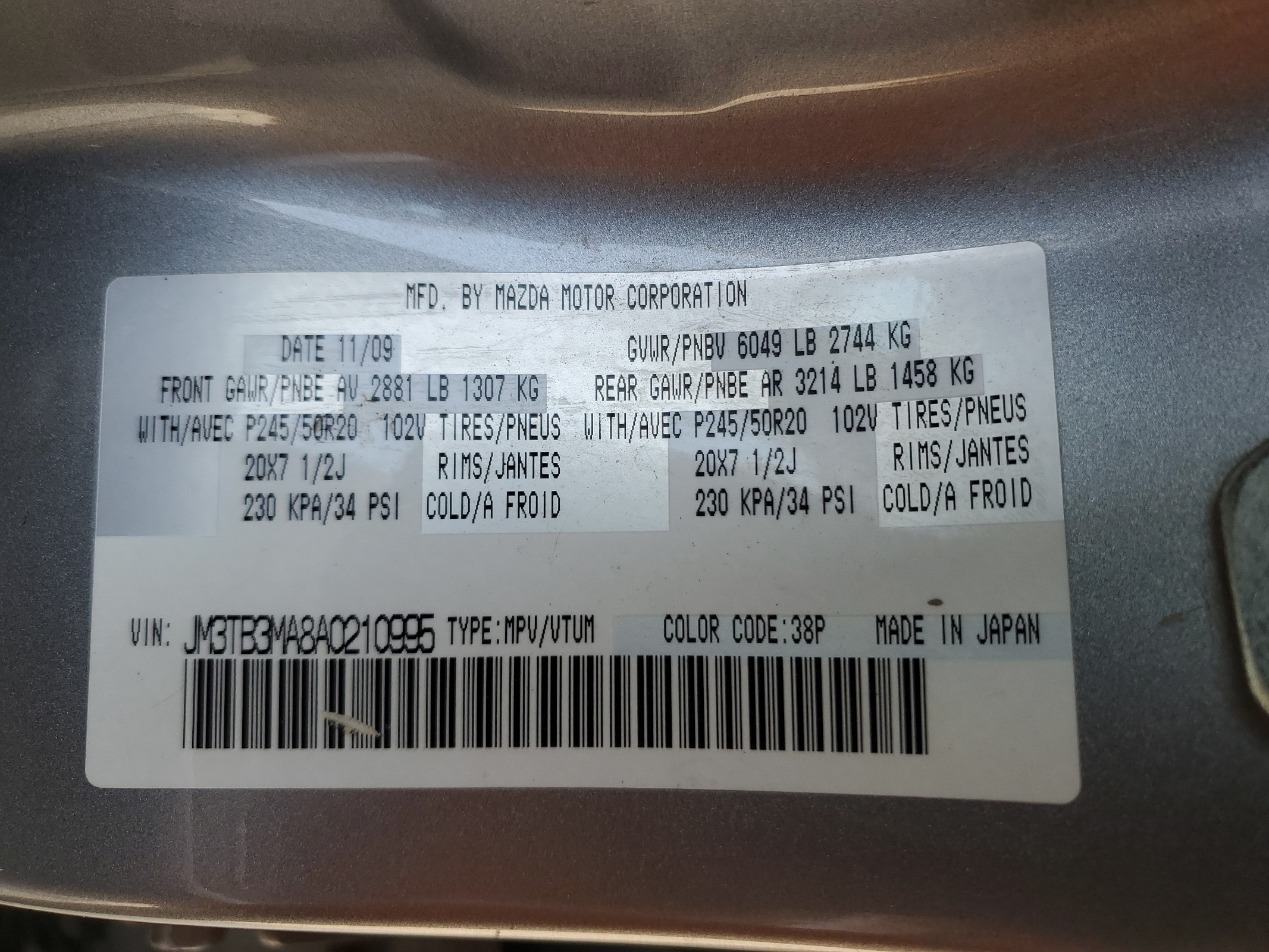 JM3TB3MA8A0210995 2010 Mazda Cx-9