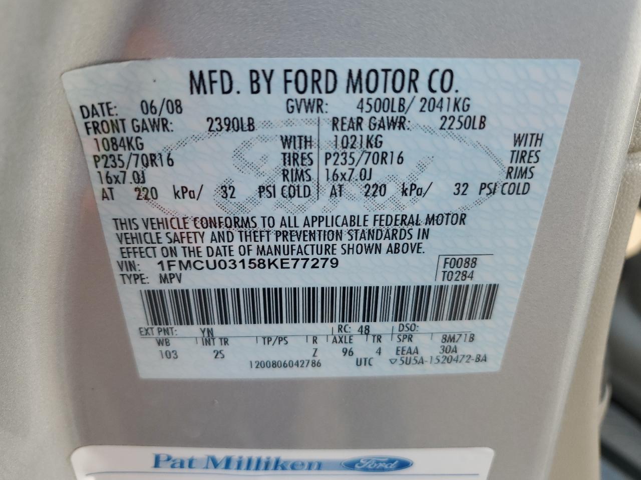 2008 Ford Escape Xlt VIN: 1FMCU03158KE77279 Lot: 66952974
