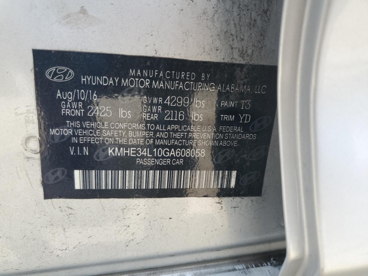 2016 Hyundai Sonata Hybrid VIN: KMHE34L10GA608058 Lot: 66892724