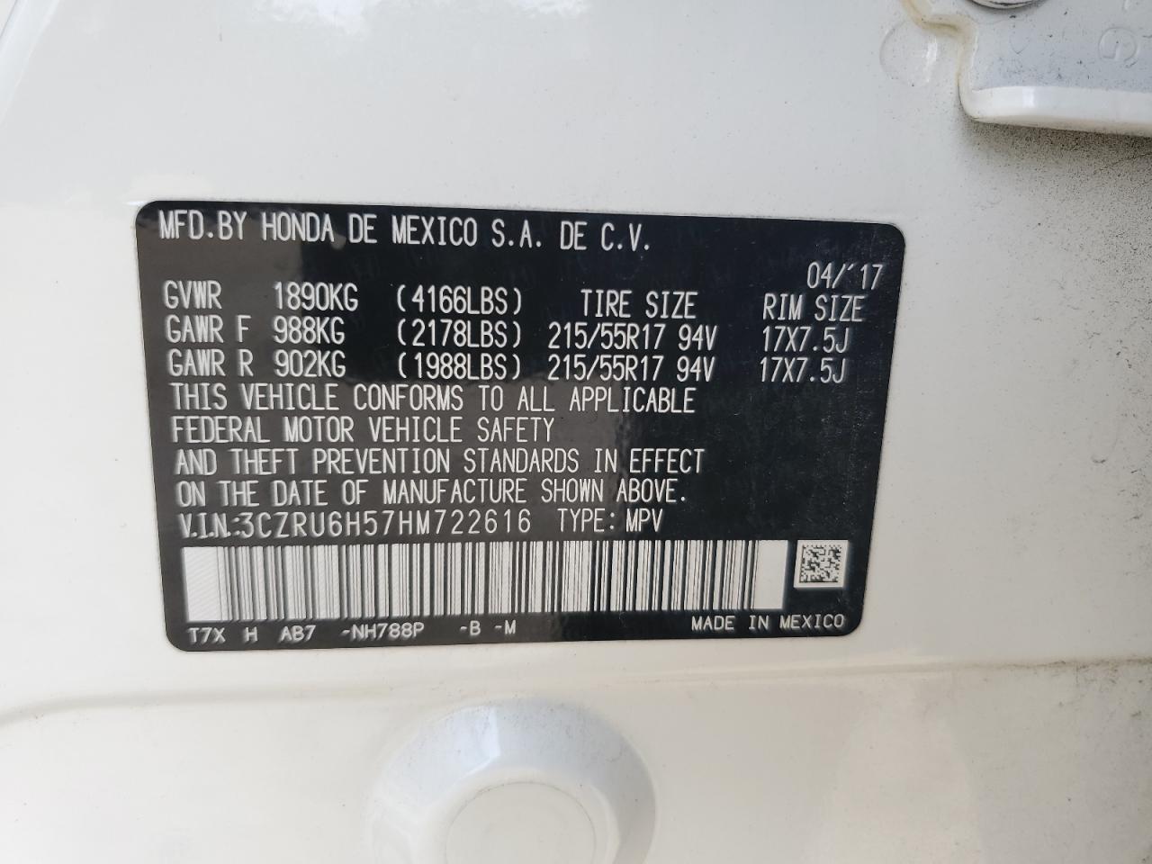 2017 Honda Hr-V Ex VIN: 3CZRU6H57HM722616 Lot: 65519874