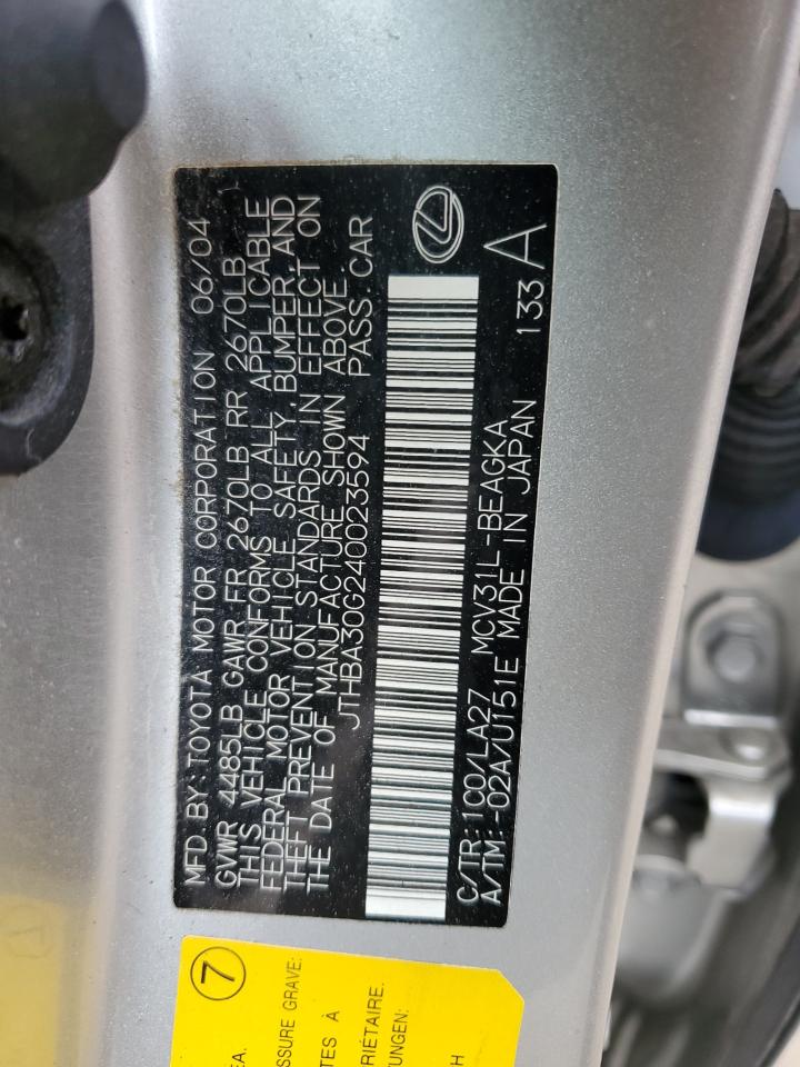 2004 Lexus Es 330 VIN: JTHBA30G240023594 Lot: 66127764