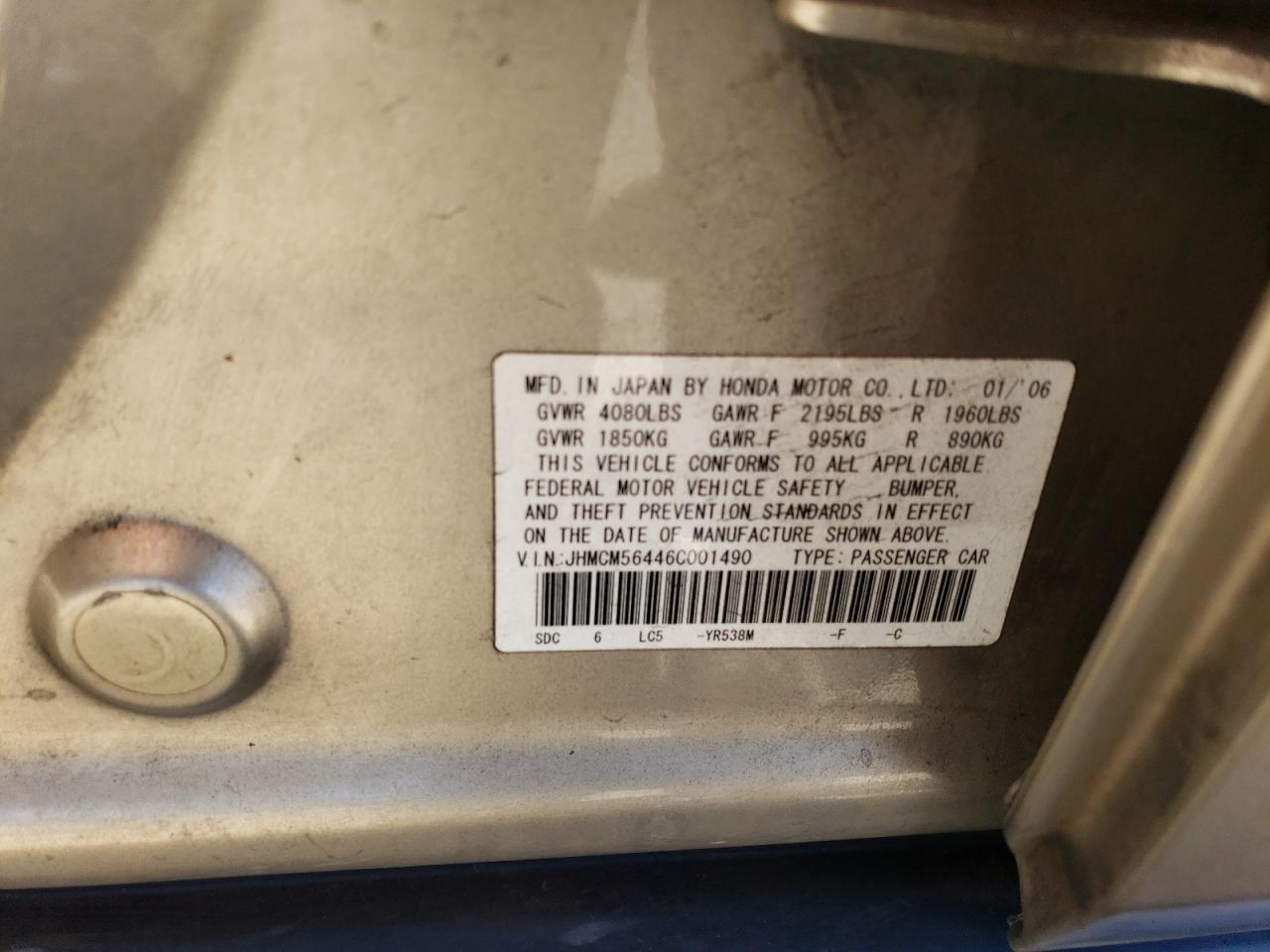 2006 Honda Accord Lx VIN: JHMCM56446C001490 Lot: 67371164