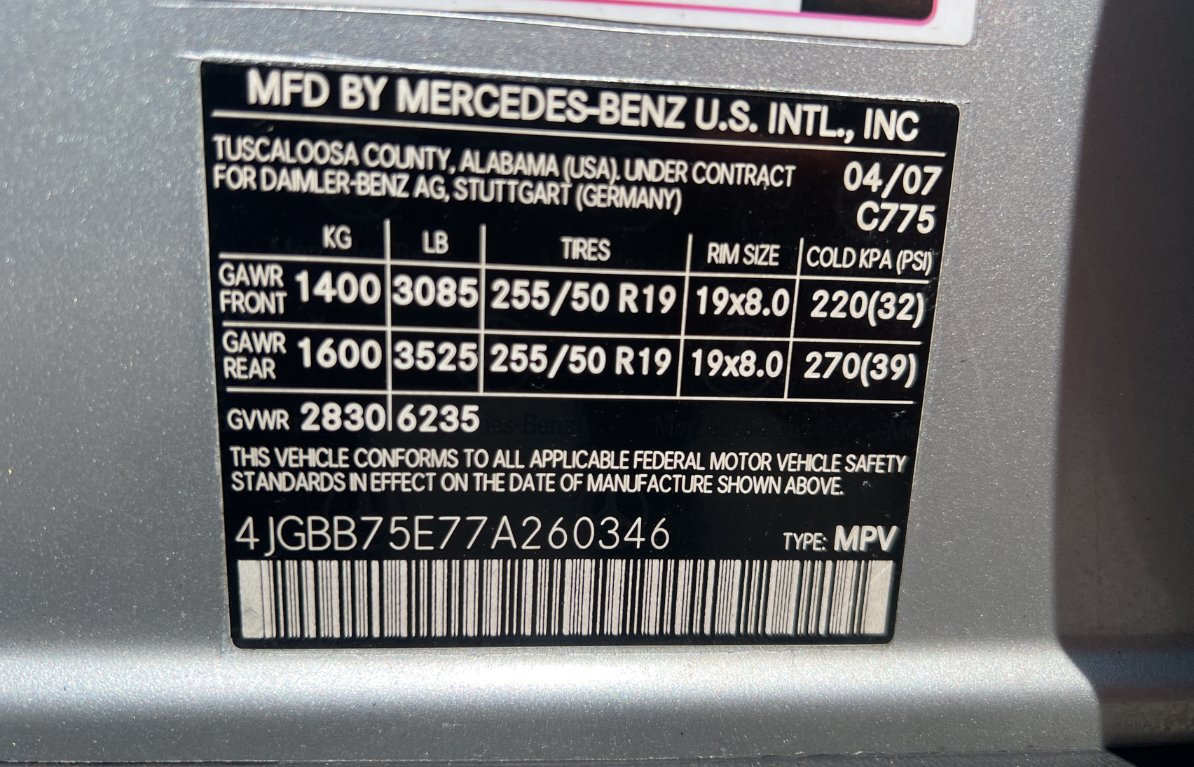 4JGBB75E77A260346 2007 Mercedes-Benz Ml 500