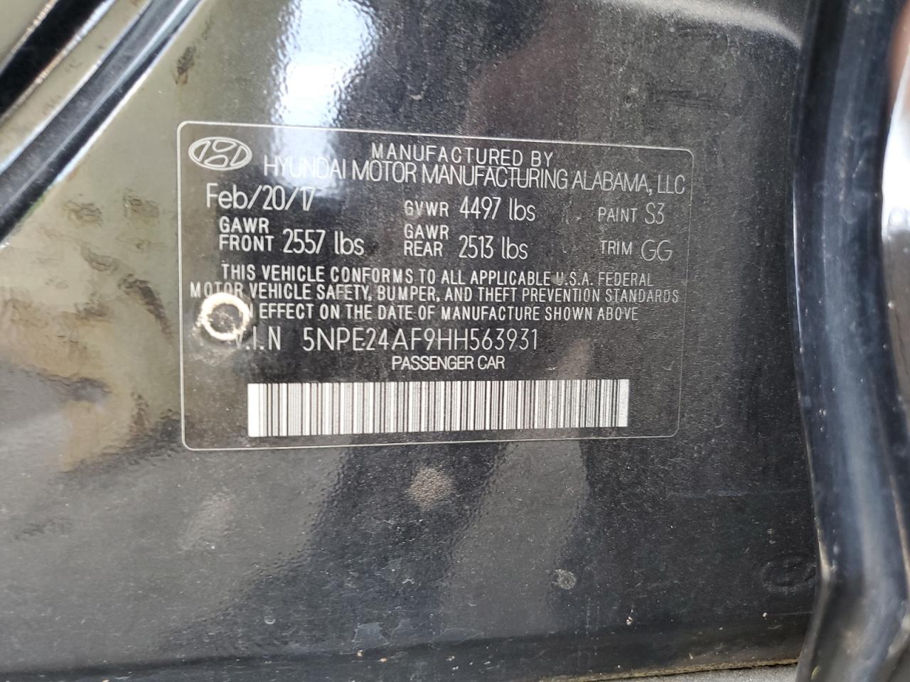 2017 Hyundai Sonata Se VIN: 5NPE24AF9HH563931 Lot: 65569314