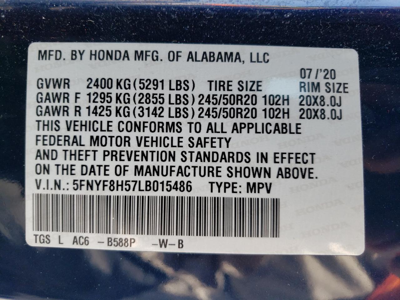 5FNYF8H57LB015486 2020 Honda Passport Exl