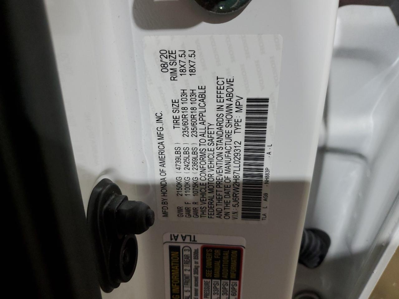 2020 Honda Cr-V Exl VIN: 5J6RW2H87LL029312 Lot: 66373794