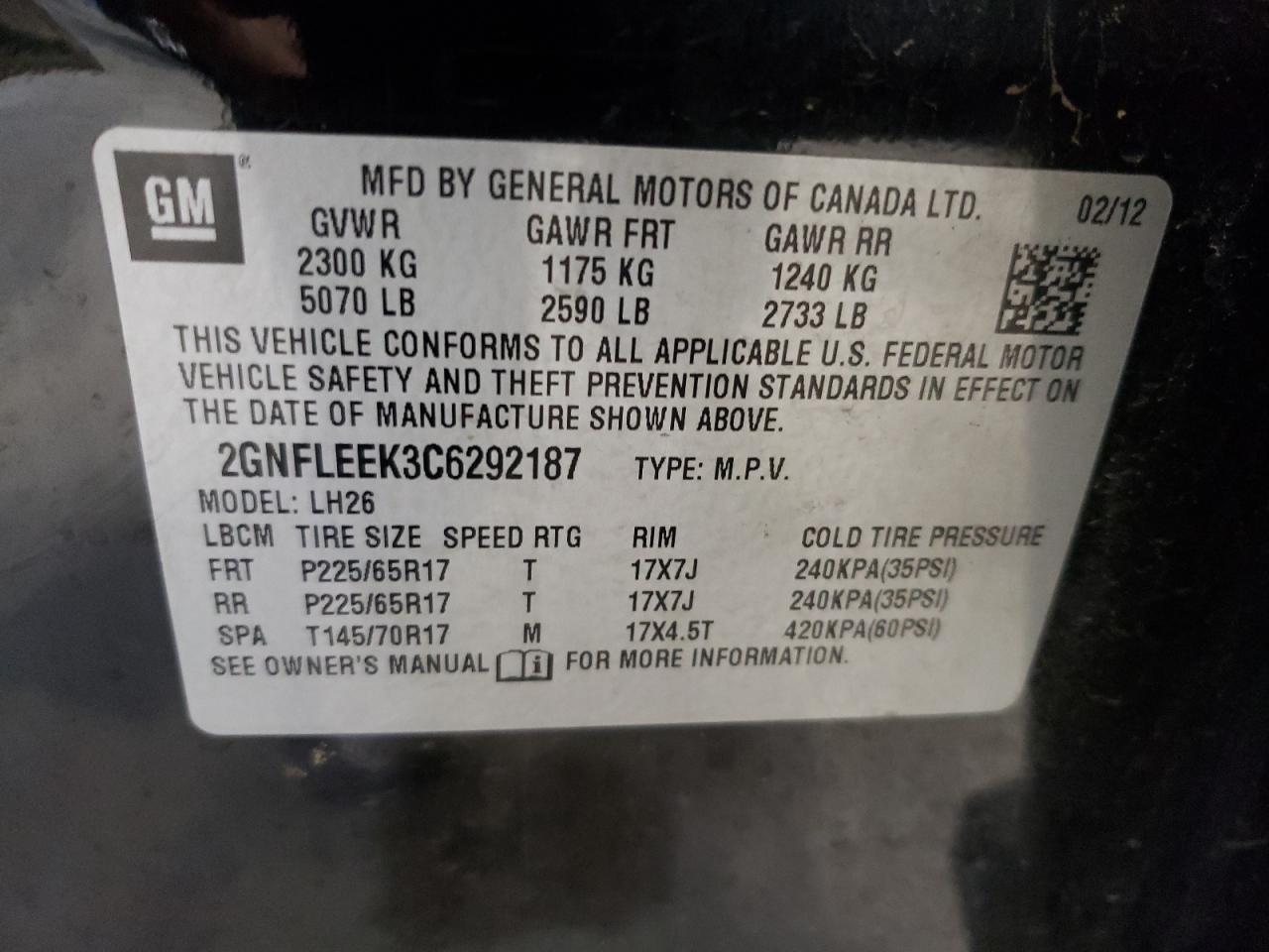 2GNFLEEK3C6292187 2012 Chevrolet Equinox Lt